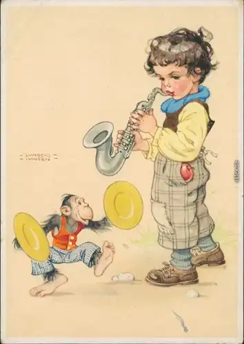 Scherzkarten - Spielender Junge mit spielenden Affen Lungers Hausen 1929