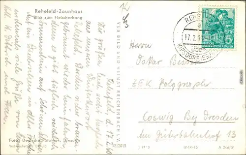 Ansichtskarte Rehefeld-Zaunhaus-Altenberg (Erzgebirge) Fleischerhang 1960