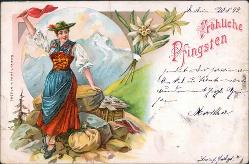 Ansichtskarte  Glückwunsch: Pfingsten - Frau in Tracht in den Bergen 1899