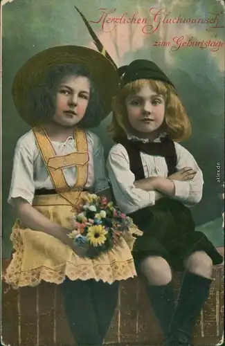  Glückwunsch/Grußkarten: Geburtstag - Kinder mit Blumen in Hand 1909