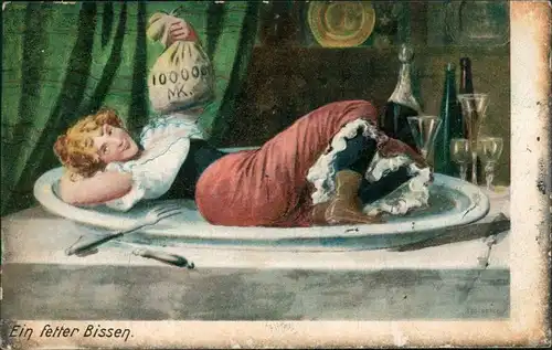 Ansichtskarte  Humor - Frau auf Tablett mit Geld "Ein fetter Bissen" 1907