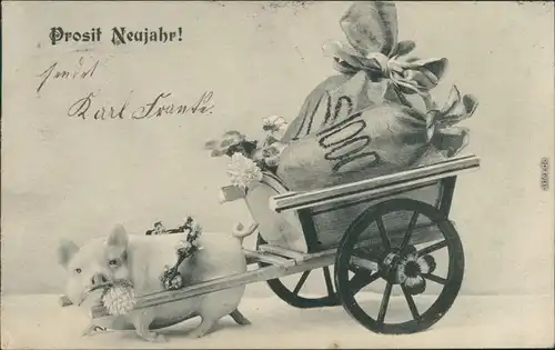  Glückwunsch - Neujahr/Sylvester - Karren voll Geld mit Glücksschwein 1905