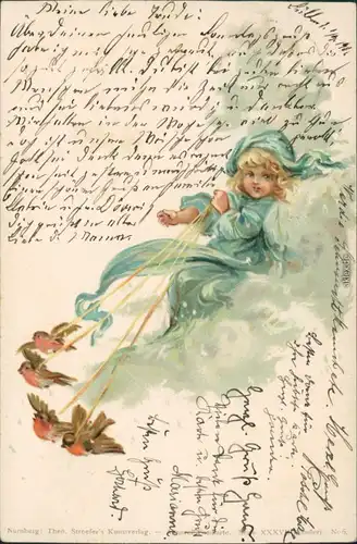 Glückwunsch Allgemein - Kind lässt sich von Vögeln ziehen (Wolke) 1901