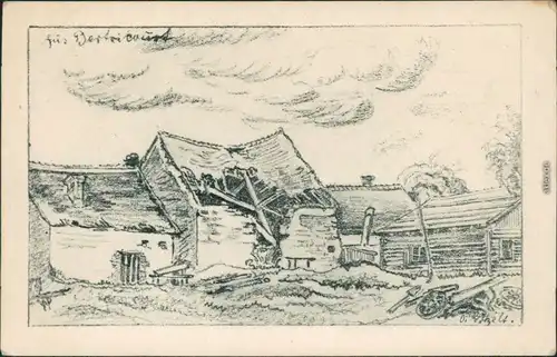 Ansichtskarte  Künstlerkarte v. Götzelt - zerstörtes Haus 1916