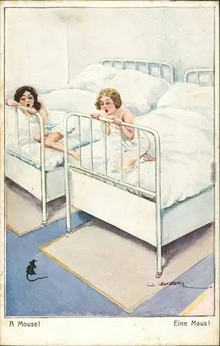 Ansichtskarte  Humor - Eine Maus und Zwei Frauen kreischend im Bett 1913