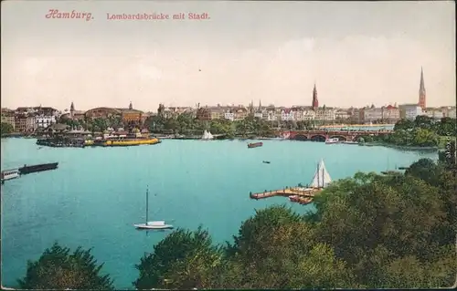 Ansichtskarte Hamburg Lombardsbrücke mit Stadt 1915