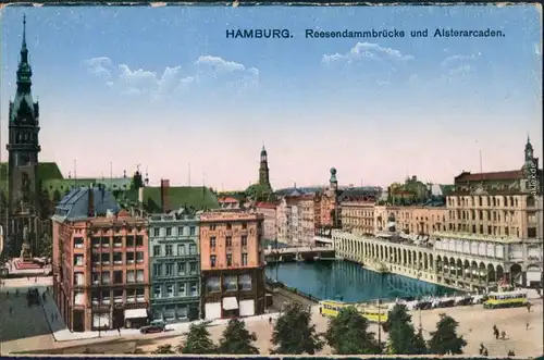 Ansichtskarte Hamburg Reesendammbrücke und Alsterarkaden 1915