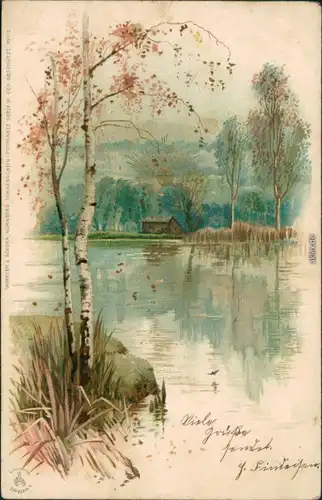 Grusskarten: Allgemein - Teich mit Hütte und Birke - Zeichnung 1903