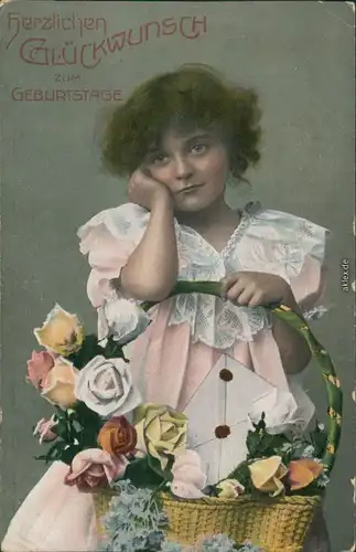  Glückwunsch/Grußkarten: Geburtstag - Mädchen mit Blumenkorb 1913