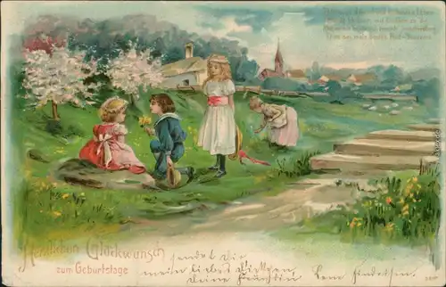  Glückwunsch/Grußkarten: Geburtstag - Kinder beim Blumenpflücken 1916 Prägekarte