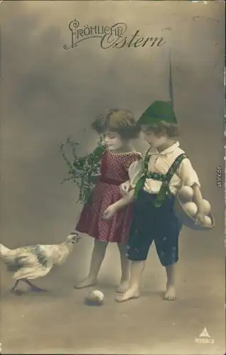 Ostern / Oster-Karten - Kinder mit Huhn und Korb voller riesen Eier 1909