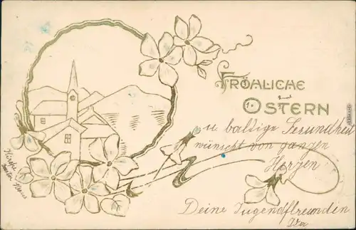 Ostern / Oster-Karten mit Blumen und Zeichnung vom Ort 1905 Prägekarte