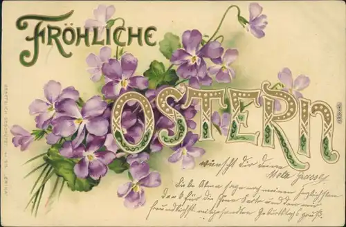 Oster-Karten mit Blumen und Großen Buchstaben 1905 Prägekarte