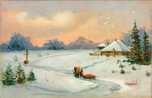  Glückwunsch/Grußkarten: Weihnachten - Winterszene im Schnee mit Schlitten voller Heu 1919