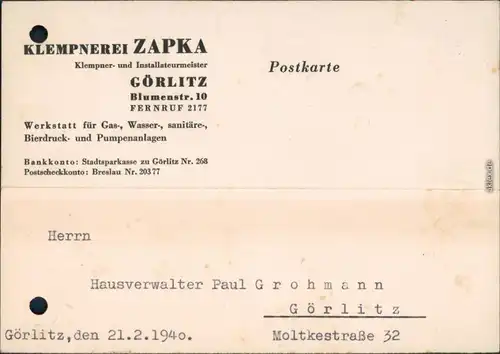Reklame Werbung - Allgemein mit Text - Rechnung Klempnerei Görlitz 1940