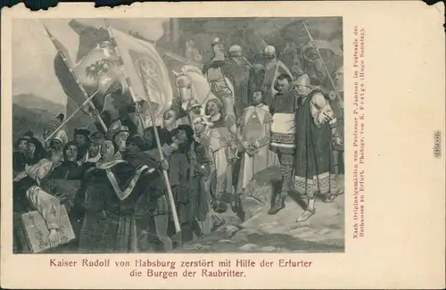 Erfurt Rathaus - Gemälde - Kaiser Rudolf Habsburg zerstört mit  Raubritter 1916