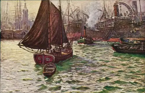 Ansichtskarte Hamburg Künstlerkarte: im Hafen 1924