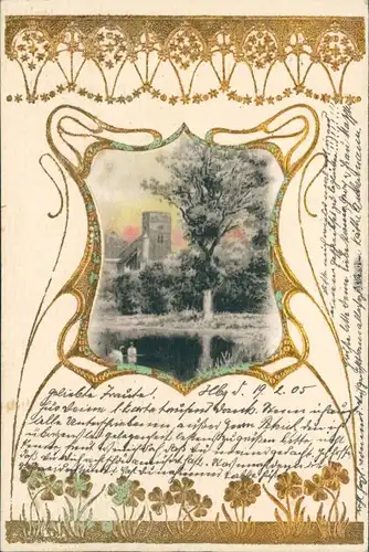 Jugendstil Zeichnung von einem Teich und einen Turm 1905 Goldrand
