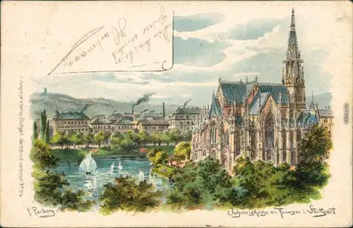 Litho Ansichtskarte Stuttgart Johanneskirche/Johanniskirche mit Feuersee 1904