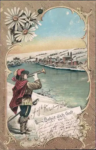 Ansichtskarte Bad Säckingen Trompeter vor der winterlichen Stadt 1898 