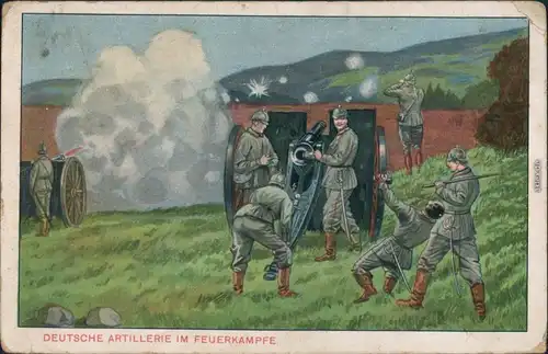 Ansichtskarte  Künstlerkarte Deutsche Artillerie im Feuerkampfe 1915 
