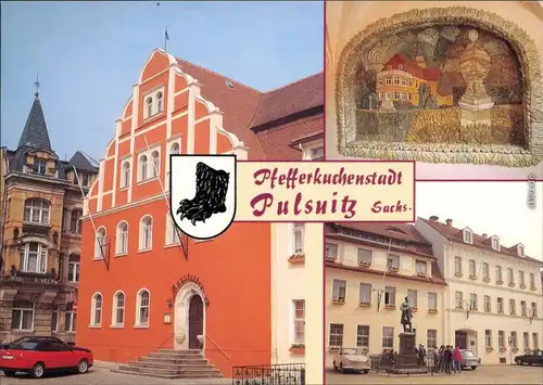 Pulsnitz Połčnica Ratskeller, Keramikwand, Rathaus mit Rietschel-Denkmal 1994