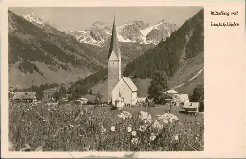 Mittelberg/Vorarlberg Blick auf den Ort, Kirche und Schafalpköpfen 1952