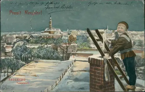 Neujahr/Sylvester - Junge über den winterlichen Dächern mit Leiter 1907
