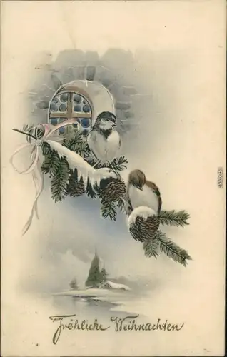 Grußkarten: Weihnachten - Zwei Vögel auf einen schneebedegten Tannenzweig 1916