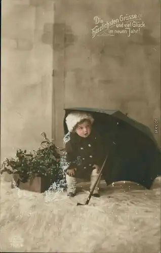 Ansichtskarte  Glückwunsch - Neujahr/Sylvester Kind unterm Regenschirm 1916