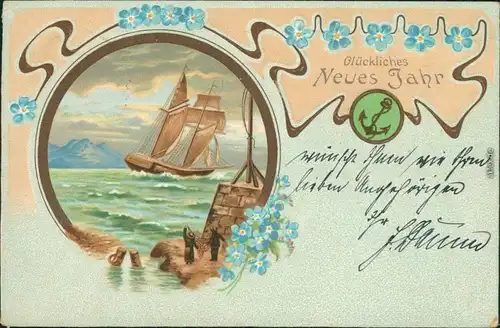 Ansichtskarte  Jugendstil
Neujahr/Sylvester - Segelschiff 1903 Prägekarte