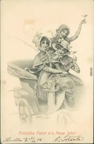 Ansichtskarte  Glückwunsch - Neujahr/Sylvester - Frauen im Automobil 1904