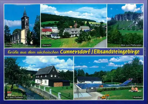 Cunnersdorf-Ottendorf-Okrilla Kirche, Panorama, Pfaffenstein, alter Flußwehr, Waldbad 1995