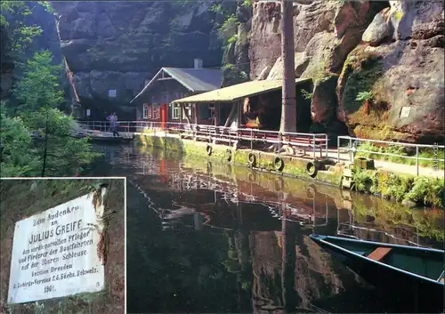 Hinterhermsdorf-Sebnitz Bootstation Obere Schleuse u. historische Plakette 1997