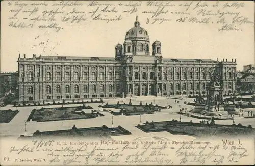 Ansichtskarte Wien Hofmuseum u. Kaiserin Maria Theresia Monument 1905