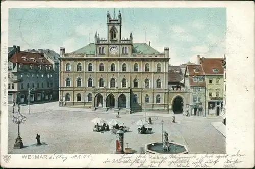 Ansichtskarte Weimar Marktpartie, Geschäfte und Rathaus 1906 