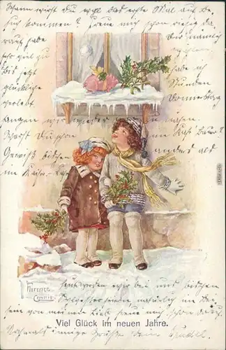 Neujahr/Sylvester - Zwei Mädchen im Schnee suchen das Glcüksschwein 1917