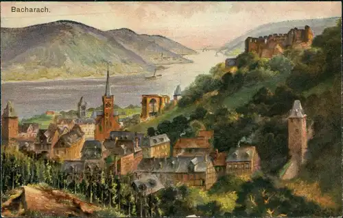Ansichtskarte Bacharach Blick auf den Ort mit Ruine Stahleck 1917