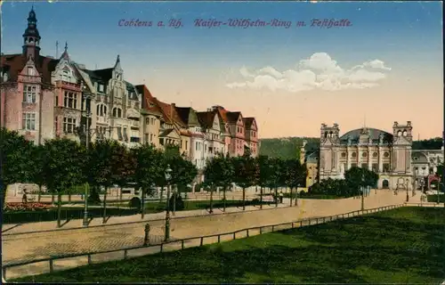 Ansichtskarte Koblenz Kaiser-Wilhelm-Ring mit Festhalle 1917
