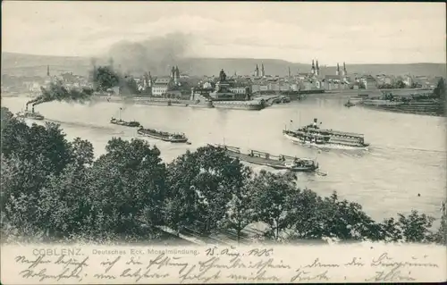 Koblenz Panorama-Ansicht mit Deutsche Eck. Moselmündung mit Frachtern 1906