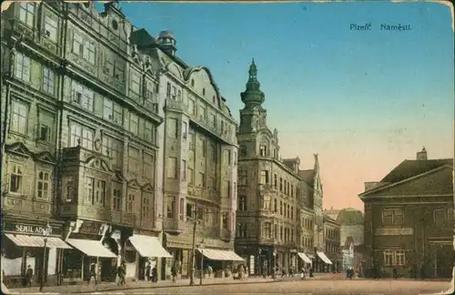 Ansichtskarte Pilsen Plzeň Geschäfte und Marktplatz 1914 