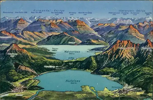 Kochel am See Landkarten-Ansichtskarte: Kochel- u. Walchenseegebiet 1915