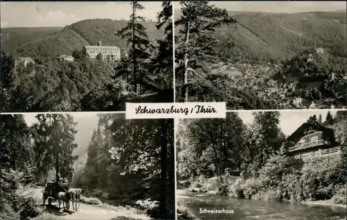 Schwarzburg Schloss, Panorama, Postkutsche im Schwarzatal, Schweizerhaus 1953