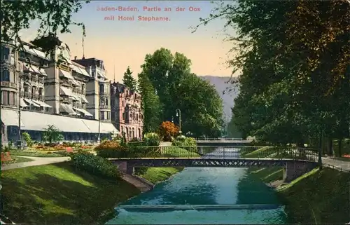 Ansichtskarte Baden-Baden Partie an der Oos mit Hotel Stephanie 1912