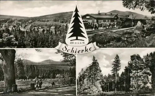 Ansichtskarte Schierke Panorama, Bahnhof, Waldweg, Felsformation 1969