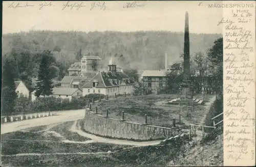 Ansichtskarte Mägdesprung-Harzgerode Stadtpartie, Straße und Denkmal 1904 