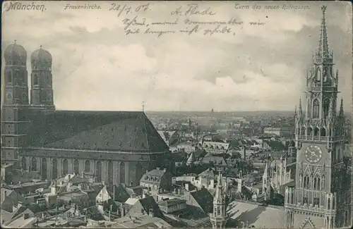 Ansichtskarte München Frauenkirche und Turm neuen Rathaus 1907