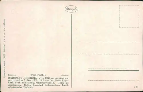 Dresden Künstlerkarte: Gemälde v. Meindert Hobbema "Wassermühle" 1913