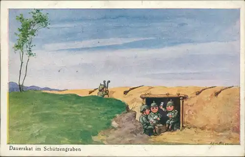 Ansichtskarte  Künstlerkarten Militär: Dauerskat im Schützengraben Kinder 1916