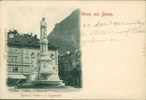 Ansichtskarte Bozen Bolzano Denkmal Walter v. d. Vogelweide 1900